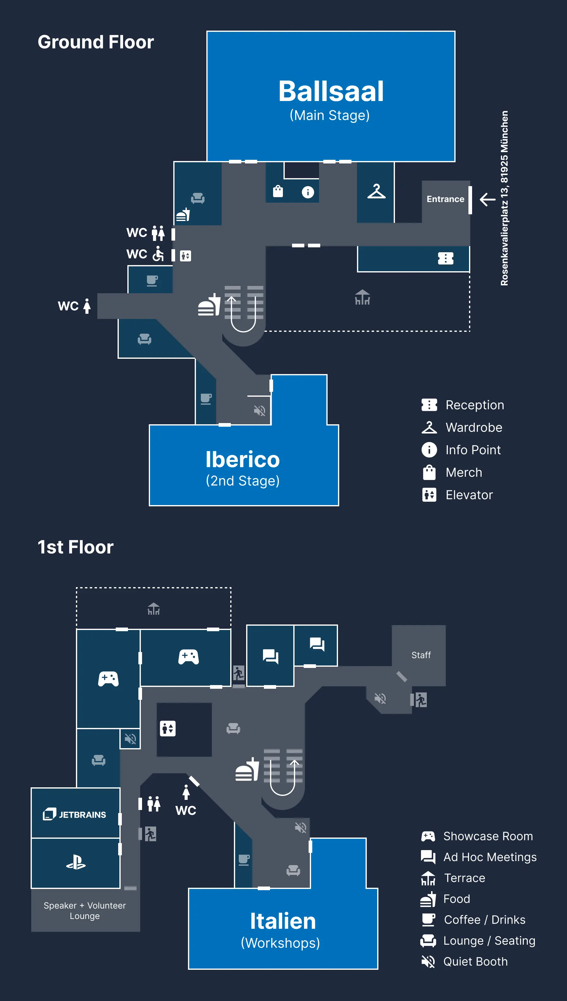 Venue map showing Ballsall main stage, Iberico stage, and Italien workshops